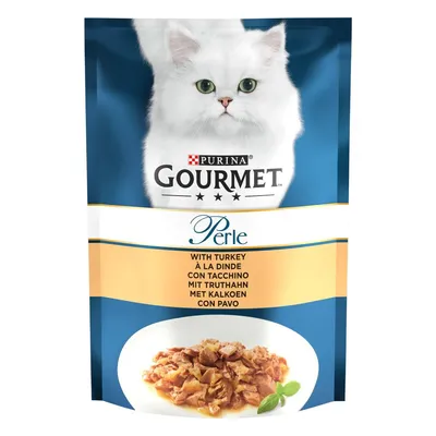 Purina Gourmet Perle с индейкой. Изображение нежных кусочков мяса в соусе. Многоязычное описание на упаковке.