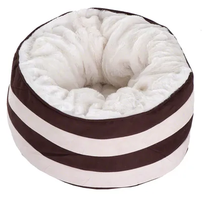 Rundes, gestreiftes Kuschelbett mit braunen und weissen Streifen sowie weicher, weisser Plüsch-Innenpolsterung.