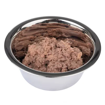 Primer plano de comida húmeda en un comedero plateado, se aprecia consistencia marrón y carnosa.
