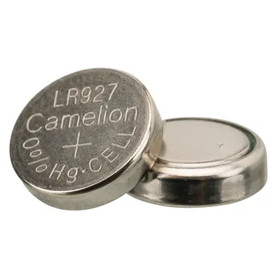 Camelion knapcellebatterier LR927, 0% Hg CELL, sølvfarvet, to batterier ved siden af hinanden.