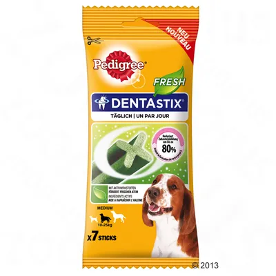 Pedigree Dentastix Fresh, täglich, reduziert Zahnsteinbildung bis zu 80%, mit Aktivwirkstoffen für frischen Atem, Medium 10-25kg, 7 Sticks