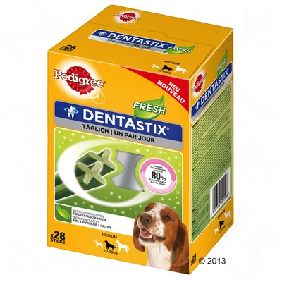 Pedigree Dentastix Fresh, täglich, 28 Sticks, Medium 10-25kg, reduziert Zahnsteinbildung um bis zu 80%, mit Aktivwirkstoffen für frischen Atem.
