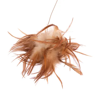 Boule de plumes marron et beige fixée à une tige fine, sans marque visible ni texte.