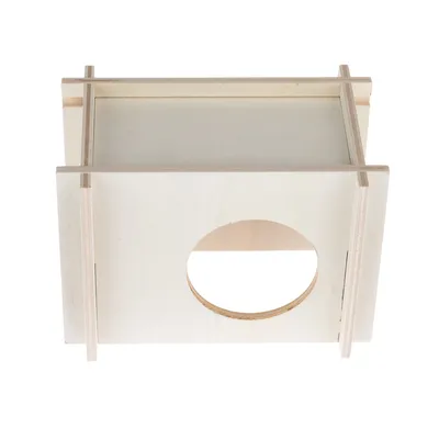 Wooden house with rectangular shape and round entrance, suitable for small animals. Material: untreated wood.