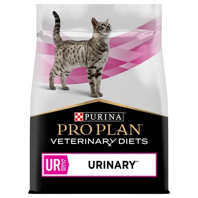 Purina Pro Plan Veterinary Diets UR St/Ox Urinary karma dla kotów, opakowanie z kotem i różowym wzorem.