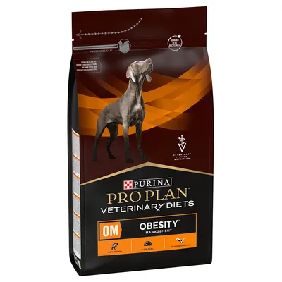 Purina Pro Plan Veterinary Diets OM Obesity Management, Freshness Seal, navrženo k recyklaci, vysoký obsah bílkovin, nízký obsah kalorií, kontrola glukózy.
