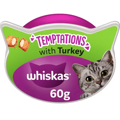 Temptations with Turkey, Whiskas, 60g. Image shows filled treats and a cat face.