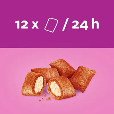 Feeding guide showing 12 pieces per 24 hours, with image of filled treats or snacks.