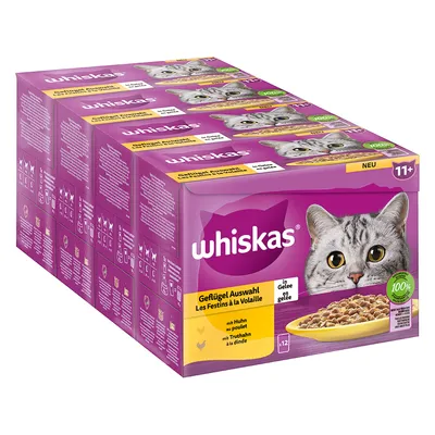 Whiskas Les Festins à la Volaille en gelée, 11+, avec poulet et dinde, lot de sachets. Texte visible : 100 % ingrédients sélectionnés, 12 x 85 g.