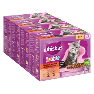 Whiskas Junior Classic Selection in Sauce, for cats aged 2-12 months. Varieties: beef, chicken, lamb, poultry. Pack of 12 pouches. 100% balanced ingredients.