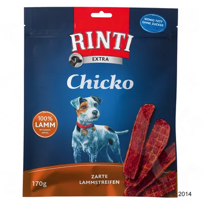 Emballage Rinti Extra Chicko, 170 g, avec texte : 100 % Lamm im Fleischanteil, Zarte Lammstreifen. Mention en allemand : wenig Fett ohne Zucker. Lamelles de viande visibles.