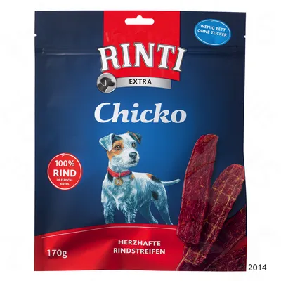 RINTI Extra Chicko, 100 % Rind, 170 g, sachet avec illustration de chien et lamelles de viande. Texte en allemand : wenig Fett ohne Zucker, herzhafte Rindstreifen.