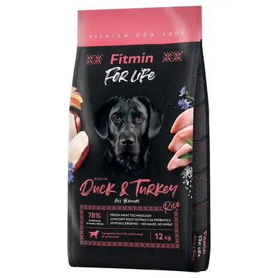 Fitmin For Life croquettes pour chien, riche en canard et dinde, riz, 78 % protéines animales, hypoallergénique, sans maïs ni blé, sac de 12 kg. Pour chiens adultes toutes races.