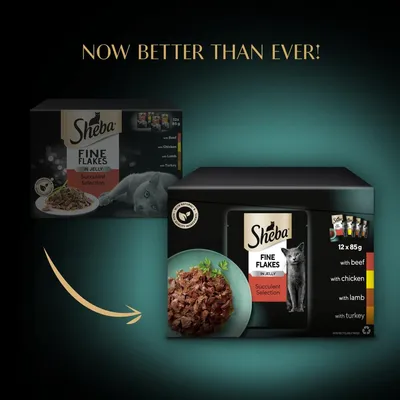 Comparison of old and new Sheba Fine Flakes in Jelly Succulent Selection packaging, highlighting improved product with 12 x 85g packs containing beef, chicken, lamb, and turkey.