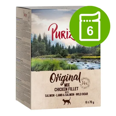 Purizon Original Mix Chicken Fillet met zalm, lam & zalm, wild zwijn. 6 x 70 g. 14% kipfilet. Katten silhouet op de verpakking. Purizon Original Mix Chicken Fillet met zalm, lam & zalm, wild zwijn. 6 x 70 g. 14% kipfilet. Katten silhouet op de verpakking.