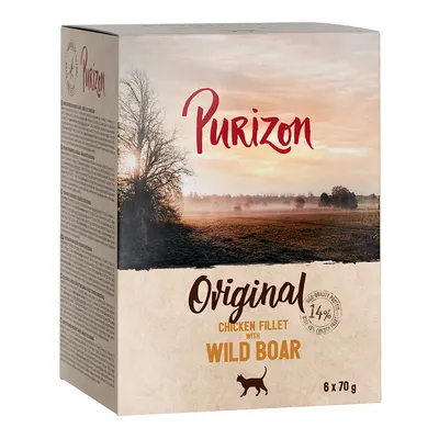 Purizon Original Chicken Fillet z dziczyzną, 6 x 70 g. Wysokiej jakości składniki z 14% fileta z kurczaka. Opakowanie przedstawia krajobraz o wschodzie słońca.