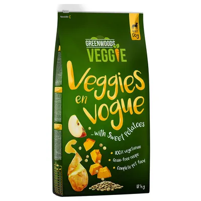 Greenwoods Veggie en Vogue with sweet potatoes, 100% vegetarian, grain-free recipe, complete pet food. Packaging shows ingredients: apple, sweet potato, peas. 12 kg.