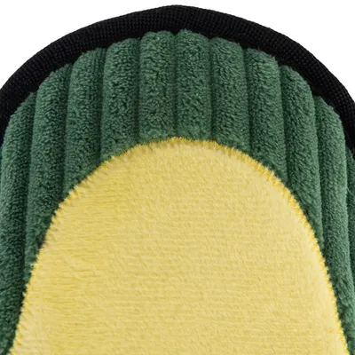 Close-up of green and yellow fabric with ribbed texture, possibly part of a pet accessory.
