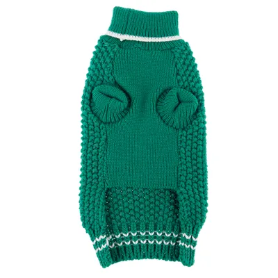 Green knitted dog jumper with white stripes on collar and hem, openings for front legs.
