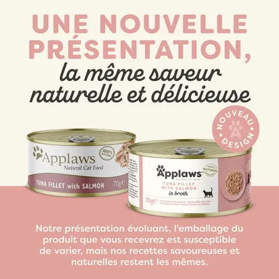 Une nouvelle présentation, la même saveur naturelle et délicieuse. Applaws Natural Cat Food, Tuna Fillet with Salmon 70g. Nouveau design. L’emballage peut varier, recette inchangée.