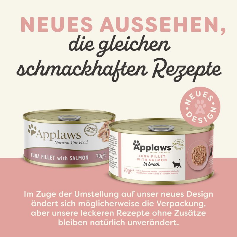 Applaws Natural Cat Food, TUNA FILLET with SALMON 70g. Neues Aussehen, die gleichen schmackhaften Rezepte. Im Zuge der Umstellung auf unser neues Design... (текст на немецком языке)
