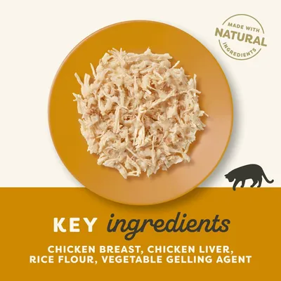 Key ingredients: chicken breast, chicken liver, rice flour, vegetable gelling agent. Made with natural ingredients.