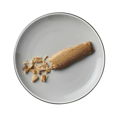 Primo piano di un pezzo di tonno e fiocchi di tonno su un piatto bianco, mostra la consistenza del prodotto.
