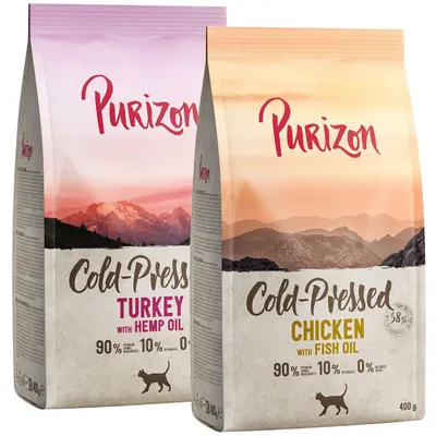 Purizon Cold-Pressed krmivo pro kočky, varianty: krůta s konopným olejem a kuře s rybím olejem, 90 % prémiových surovin, 10 % ovoce/zeleniny, balení 400 g.