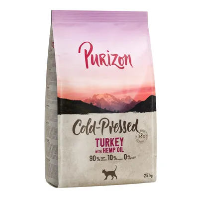 Purizon Cold-Pressed Turkey with Hemp Oil, 90 % protéines d’origine animale, 10 % végétales, 0 % céréales, sac de 2,5 kg pour chat. Texte en anglais sur l’emballage.