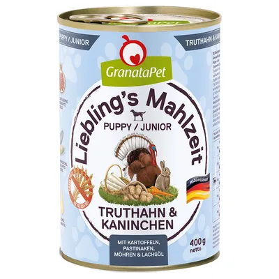 GranataPet Lieblings's Mahlzeit Puppy/Junior turkey & rabbit, with potatoes, parsnips, carrots & salmon oil. Made in Germany. 400g net.