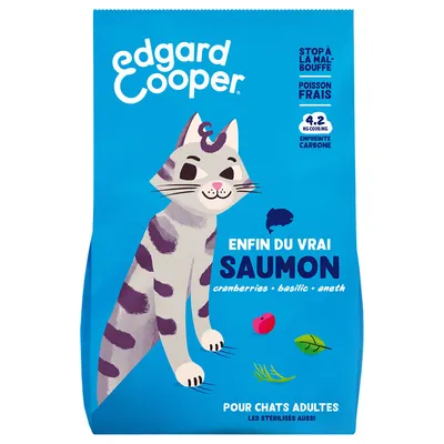 Edgard & Cooper kattenvoer, enfin du vrai saumon, cranberries, basilic, aneth. Voor chats adultes. Stop à la malbouffe, poisson frais, 4,2 kg CO2e/kg empreinte carbone.