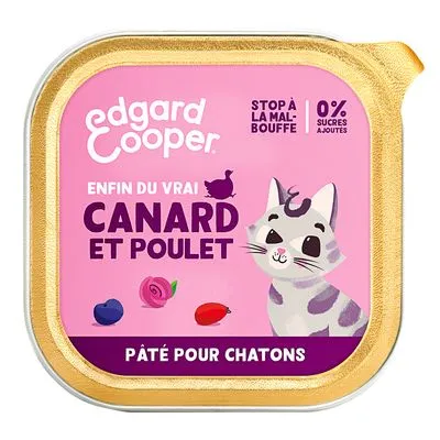 Edgard Cooper, enfin du vrai canard et poulet, stop à la malbouffe, 0% sucres ajoutés, pâté pour chatons. Verpakking met illustratie van kat en ingrediënten. Tekst in het Frans.