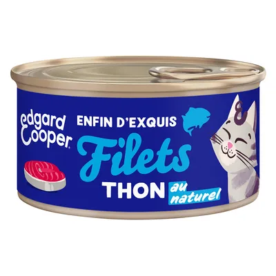 Edgard Cooper filets de thon au naturel, nourriture pour chat en boîte, emballage bleu avec chat souriant et illustration de thon.
