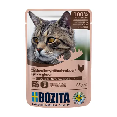 Sobre de comida para gatos Bozita con imagen de gato, texto visible: 100% animal protein, with chicken liver, grain free recipe, delicious taste easy digestion, 85 g, made in Sweden.
