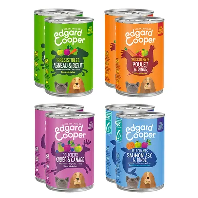 Edgard Cooper nourriture humide pour chiens, variétés : agneau et bœuf, poulet et dinde, gibier et canard, saumon ASC et dinde. Sans céréales, avec légumes et fruits. Pour chiens adultes.