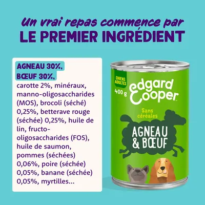 Edgard Cooper nourriture pour chiens, boîte de 400g, sans céréales. Ingrédients principaux : agneau 30%, bœuf 30%, carotte 2%, minéraux, brocoli, betterave rouge, huile de lin, huile de saumon, pomme, poire, banane, myrtilles.
