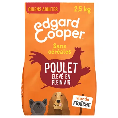 edgard & cooper, chiens adultes, 2,5 kg, sans céréales, poulet élevé en plein air, viande fraîche