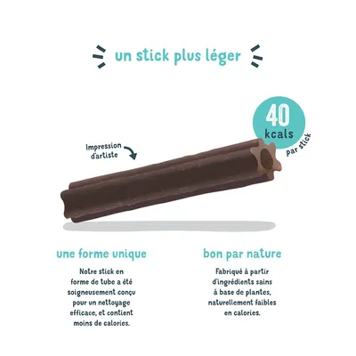 Stick brun à forme unique, 40 kcal par stick. Fabriqué à partir d’ingrédients végétaux, pauvre en calories et conçu pour un nettoyage efficace.