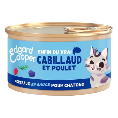 Edgard & Cooper kattenvoer blik, tekst: Enfin du vrai cabillaud et poulet, morceaux en sauce pour chatons. Tekst in het Frans.