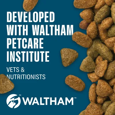 Developed in collaboration with the Waltham Petcare Institute, vets & nutritionists. WALTHAM brand name and logo visible, dry food pieces illustrated. Developed in collaboration with the Waltham Petcare Institute, vets & nutritionists. WALTHAM brand name and logo visible, dry food pieces illustrated.