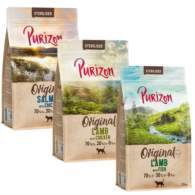 Purizon Sterilised Trockenfutter für Katzen, Sorten: Lachs mit Huhn, Lamm mit Huhn, Lamm mit Fisch. 70% Fleisch, 30% Gemüse, 0% Getreide.