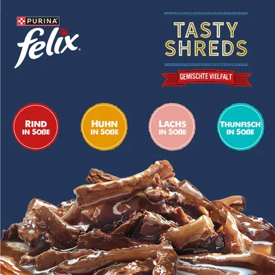 Jumbopack Felix "Tasty Shreds" Pouches 120 x 80 g - Gemischte Auswahl in Sauce