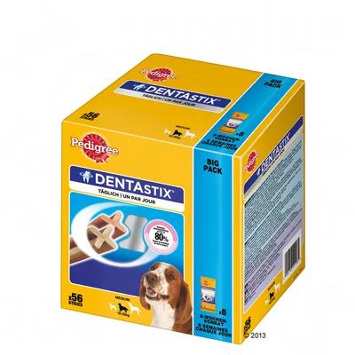 Pedigree Dentastix Big Pack, 56 sticks voor medium honden (10–25 kg), afbeelding van hond en Dentastix, tekst: dagelijks gebruik, 8 weken voorraad, vermindert tandsteen tot 80%.