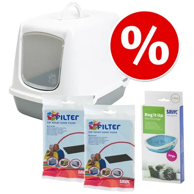 Pack litière maison pour chat avec porte, 2 filtres Savic Cat Toilet Home Filter et sacs à litière Bag it Up Savic, pastille promotionnelle % visible.