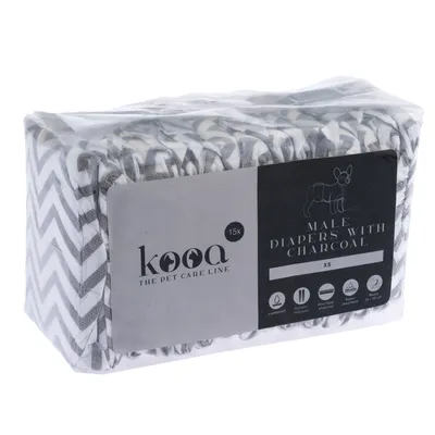 kooa male diapers with charcoal, XS, 15 pieces. Features: leak-proof, activated charcoal, super absorbent, suitable for waist 20-28 cm.