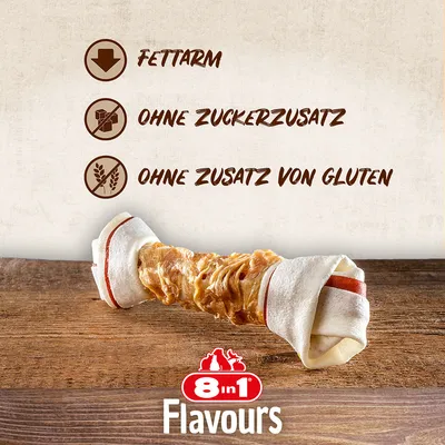 8in1 Flavours žvečilna kost. Z malo maščobe, brez dodanega sladkorja, brez dodanega glutena.