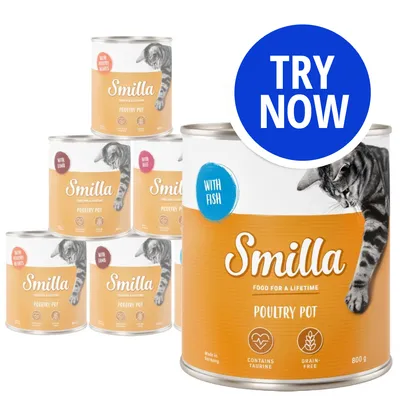 Smilla Poultry Pot cans with visible labels showing 'with fish', 'with poultry hearts', and 'with beef'. Blue circle states 'Try Now'. Icons indicate contains taurine and grain-free.