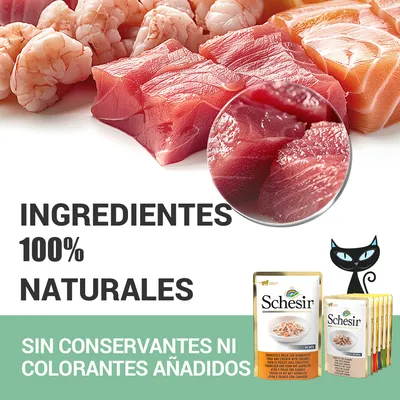 Schesir. Ingredientes 100 % naturales. Sin conservantes ni colorantes añadidos. Imagen de trozos de pescado y marisco junto a sobres de comida para gatos Schesir.