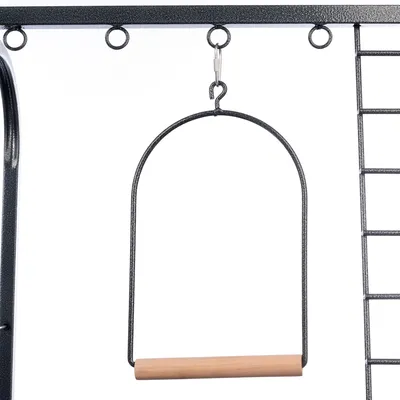 Metallgestell mit Haken und Holzsitz, geeignet für Vogelspielzeug oder Zubehöraufhängung.
