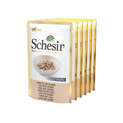 Pack de sobres Schesir Adult atún con salmón en gelatina. Texto visible: 'Tonnetto con salmone', 'in jelly', listado multilingüe de ingredientes.